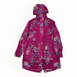 Joules Right As Rain Jacket US 6‎ Raspberry Floral Waterproof Coat Packable